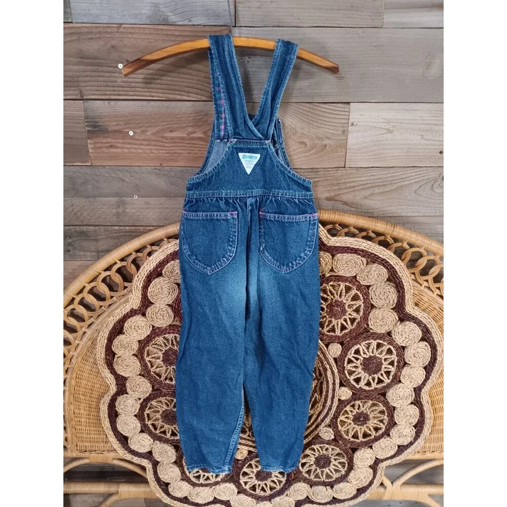 Vintage OshKosh B'Gosh Girls Vestbak Sz 6X Denim Overalls USA Patches Plaid Pink